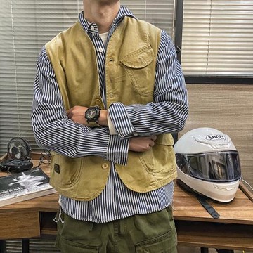 石頭家春季復古油頭潮男機車工裝帆布個性馬甲無袖 復古美式坎肩