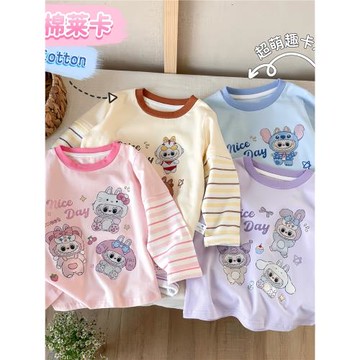 兒童拉布布T恤男女童純棉卡通條紋假兩件長袖外穿T恤衫童裝打底衫