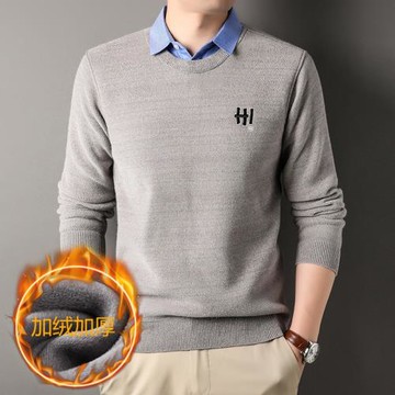 冬季新款假兩件套男加絨加厚保暖毛衣中青年男裝襯衫領打底針織衫
