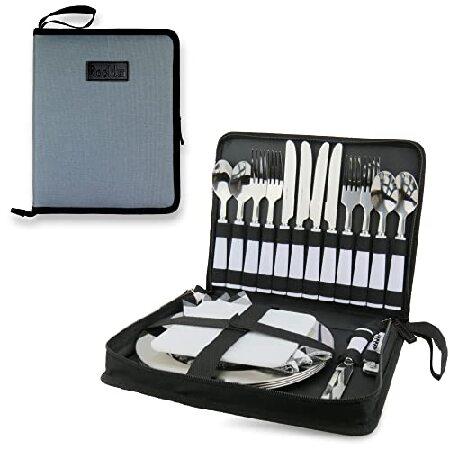 Camping Silverware Set with Case, 11 Pcs Camping Mess Kit with Stainless Steel Plates, Picnic Set for 2, Travel Silverware Set, Camping Utensils for E