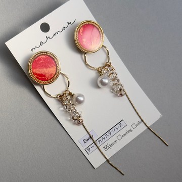 【僅此一件】2way 酒精墨水藝術 粉色 長款耳環 醫療級不鏽鋼 珍珠珠 金色 獨一無二 專屬訂製