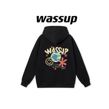 WASSUP潮牌復古男女連帽衛衣2024秋冬季新款百搭個性嘻哈情侶上衣