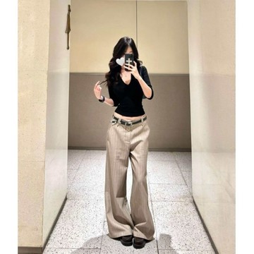 褲長110CM高個子超長175復古卡其條紋西裝褲女春夏寬鬆拖地闊腿褲 YC065
