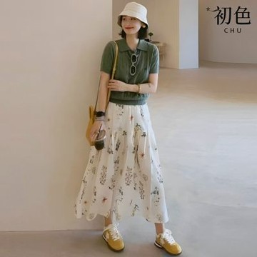 初色 簡約純色麻花紋POLO針織衫上衣+韓系碎花印花鬆緊腰半身裙長裙套裝-綠衣花裙-19420(F可選)