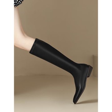 大碼女靴41—43秋冬彈力靴女平底尖頭高筒靴側拉鏈長靴顯瘦直筒靴