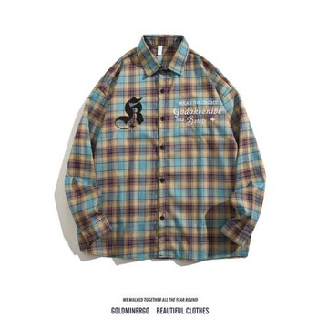 美式高街拼色格子長袖襯衫男女韓版寬松痞帥潮流設計感刺繡外套