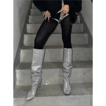 2024新款歐美高筒靴坡跟百搭不過膝時裝靴尖頭雛形跟水鉆長筒靴女