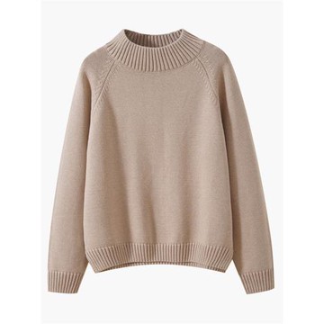 100%純棉半高領毛衣女秋冬長袖寬松加厚插肩袖開叉內搭針織打底衫