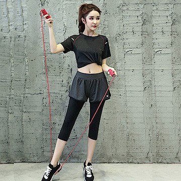 超滑順假二件式七分瑜珈褲路跑運動褲(M-XL)  狐狸姬