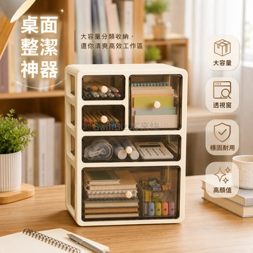 台灣出貨✨ 大容量桌面收納盒 奶白分格抽屜櫃 學生書桌整理盒 辦公桌儲物架 多層組合收納箱 塑膠材質