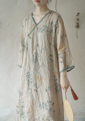 中國風斜襟盤扣禪意茶服印花改良苧麻旗袍連衣裙茶藝師服裝早秋裝