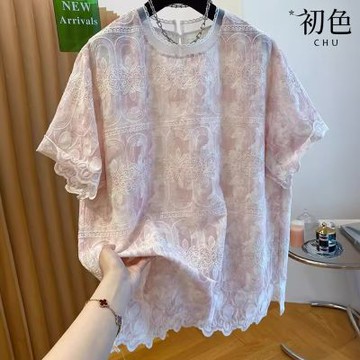 初色 法式甜美氣質寬鬆顯瘦蕾絲拼接圓領短袖T恤上衣女上衣-共3色-13735(M-4XL可選)