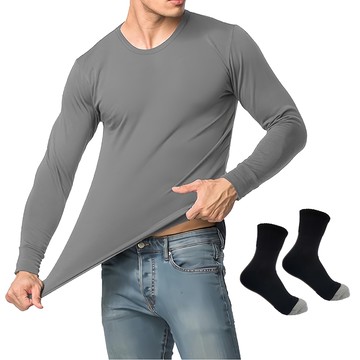 MI MI LEO 台灣製輕刷毛保暖衣 + 竹炭保暖除臭氣墊襪組  淺灰，深灰  XL