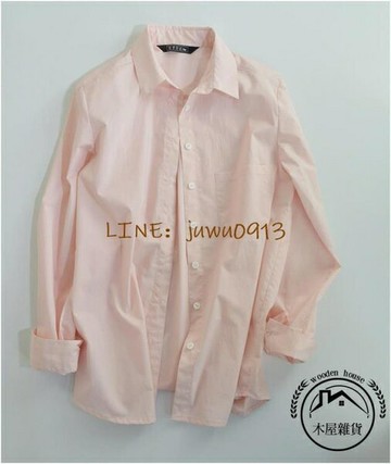 春夏款全棉長袖簡約淡粉色百搭簡約中性襯衫女棉麻上衣【木屋雜貨】