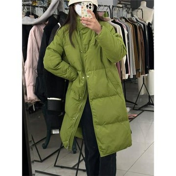 2023新款羽絨服女中長款韓版寬松加厚純色立領白鴨絨保暖過膝外套