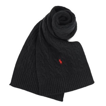 RALPH LAUREN POLO小馬刺繡素面羊毛混紡絞花針織圍巾-黑/紅色