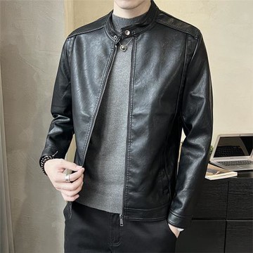 立領皮衣外套男春秋季新款高級感帥氣短款修身男士機車皮夾克上衣