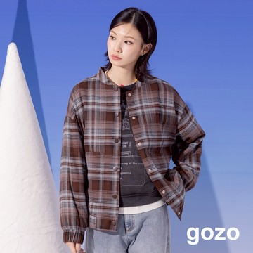 【gozo】磨毛感暮棕格紋棒球領鋪棉外套(深咖_F) | 女裝 襯衫領 休閒