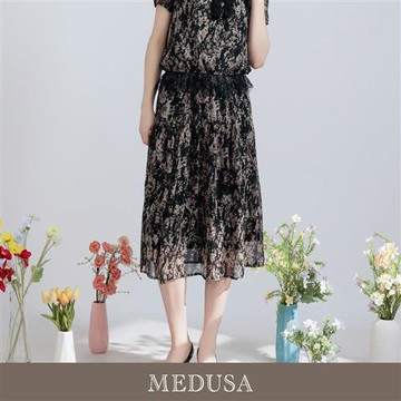 現貨【MEDUSA 曼度莎】宮廷感印花雪紡中長裙（M-XL）｜雪紡長裙 雪紡裙 長裙 印花裙