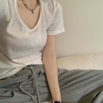 大領口t恤女白色顯瘦ins潮韓版露鎖骨圓領夏休閑修身短袖低領上衣