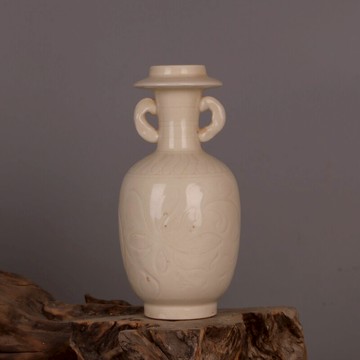 宋 定窯白釉刻花雙耳瓶 仿宋代舊貨出土古玩古董瓷器老藝人手工瓷