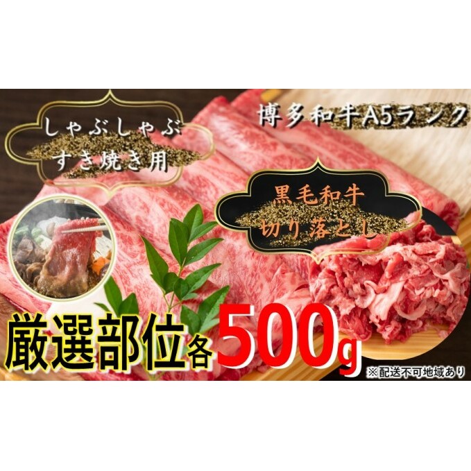 牛肉 切り落とし 500g しゃぶしゃぶ すき焼き 500g 博多和牛 A4～A5 セット 合計1kg 配送不可：離島