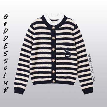 柜上2K+ S家法式條紋花邊領上衣外套2023秋刺繡金屬扣針織開衫女