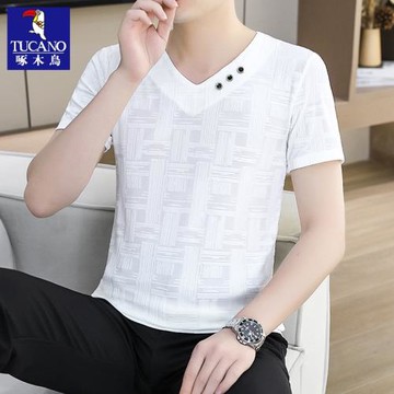 啄木鳥冰絲短袖t恤男士上衣服2025夏季新款V領男裝薄款半袖體恤衫