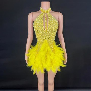 歐美時尚2025新款性感拉丁舞舞服氣質鏤空設計感羽毛裙擺掛脖短裙