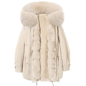 (免運)派克服女2025新款獺兔毛內膽狐貍毛領插肩袖連帽皮草大衣可拆卸冬