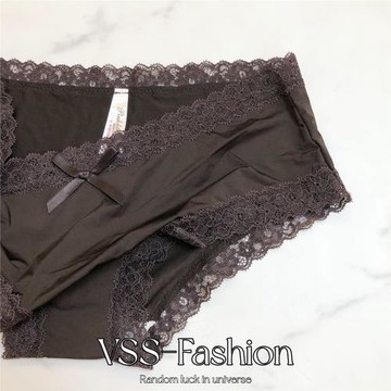 PINK GIRL奶茶咖色系列 中低腰冰絲蝴蝶結純色小三角蕾絲邊內褲