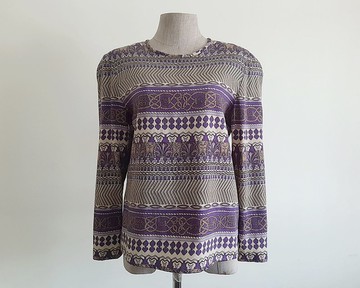 復古棕紫抽象印花女款長袖羊毛上衣 S