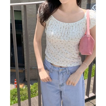 Lemon Park 韓國Cherrykoko授權 夏日花卉抓皺領彈性合身上衣
