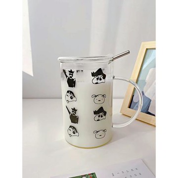 大容量玻璃杯印花學生卡通把手牛奶圓形日常家用帶蓋水杯1000ml
