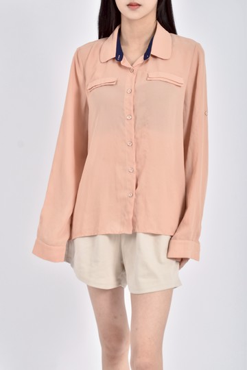 (M) p p f m透膚排扣橘色襯衫上衣