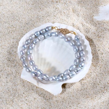 天然灰色米型珍珠項鍊 7–8mm 金色米字鏤空扣 萬聖節禮物