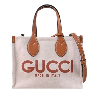 GUCCI 772144 字母LOGO印花帆布小號兩用托特包.米/棕