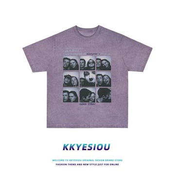 KKyesiou嘻哈大頭照洗水做舊短袖T恤男美式復古oversize情侶上衣