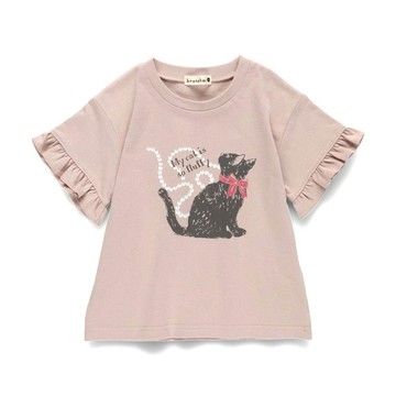 日本 BRANSHES - 純棉荷葉袖女孩印花短袖上衣-貓咪-粉紅