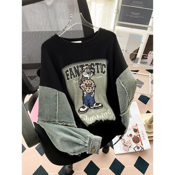 2023秋季新款牛仔拼接卡通印花衛衣女秋季設計感小眾時尚洋氣上衣