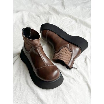 【大頭叔】秋冬厚底后拉鏈英倫馬丁靴加絨短靴切爾西靴女針織襪靴