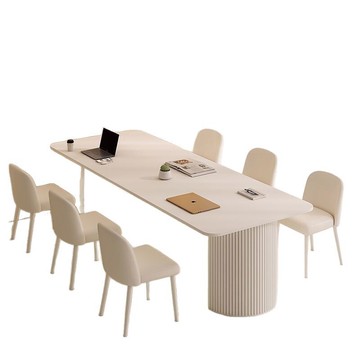 奶油風巖板會議桌長桌現代簡約輕奢洽談純白2m工作臺長條桌椅組合[DD030109]