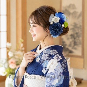 婚禮・成人式適用♡藍色大理石與香豌豆的髮飾 玫瑰 婚禮 成人式 藍色 海軍藍 藍色 畢業典禮