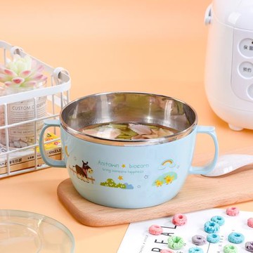 兒童碗防摔防燙不銹鋼304餐具帶手柄雙耳湯碗勺小學生吃飯寶寶碗