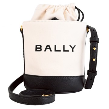BALLY 6306511 BAR MINI 燙印LOGO斜背束口水桶包.米/黑