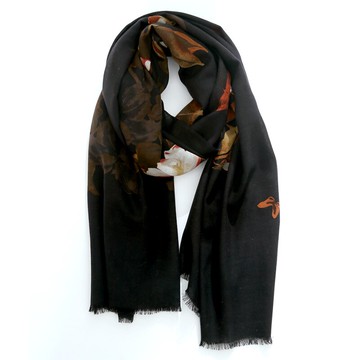 羊毛披肩長圍巾-黑底牡丹花印花毛邊女配件73wq24【獨家進口】【米蘭精品】