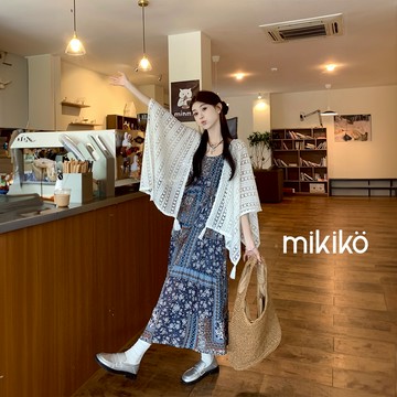 美木子｜圖騰雪紡細肩綁帶洋裝+流蘇披肩 兩件套【S206124】波西米亞風 無袖洋裝 度假洋裝