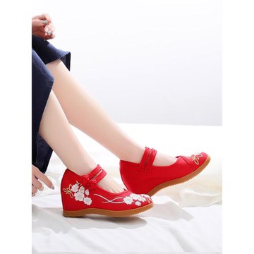 繡花鞋女2025新款民族風高跟內增高單鞋 7厘米坡跟盤扣老北京布鞋