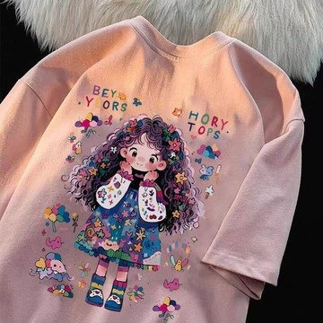 臺灣出貨 女寶可愛T恤童裝 女寶寶可愛寬鬆短袖 中大童t恤衫 女童夏裝新款洋氣100%純棉短袖上衣 女孩夏天寬鬆短袖上衣
