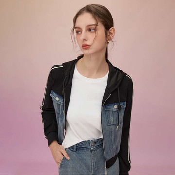 SO NICE 牛仔拼接短版顯瘦連帽羅馬布外套